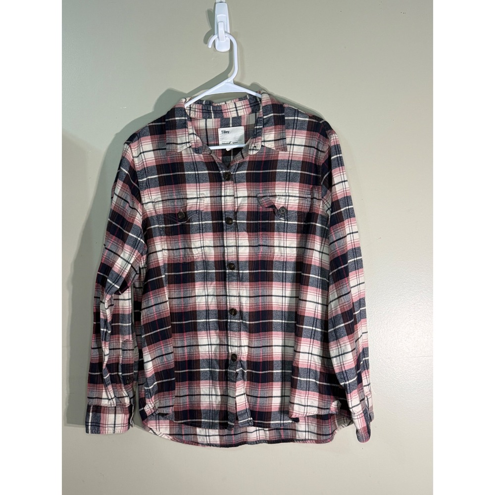 Tilley Pink Navy Blue Plaid Organic Cotton Flannel Button Down Shirt Large L/G